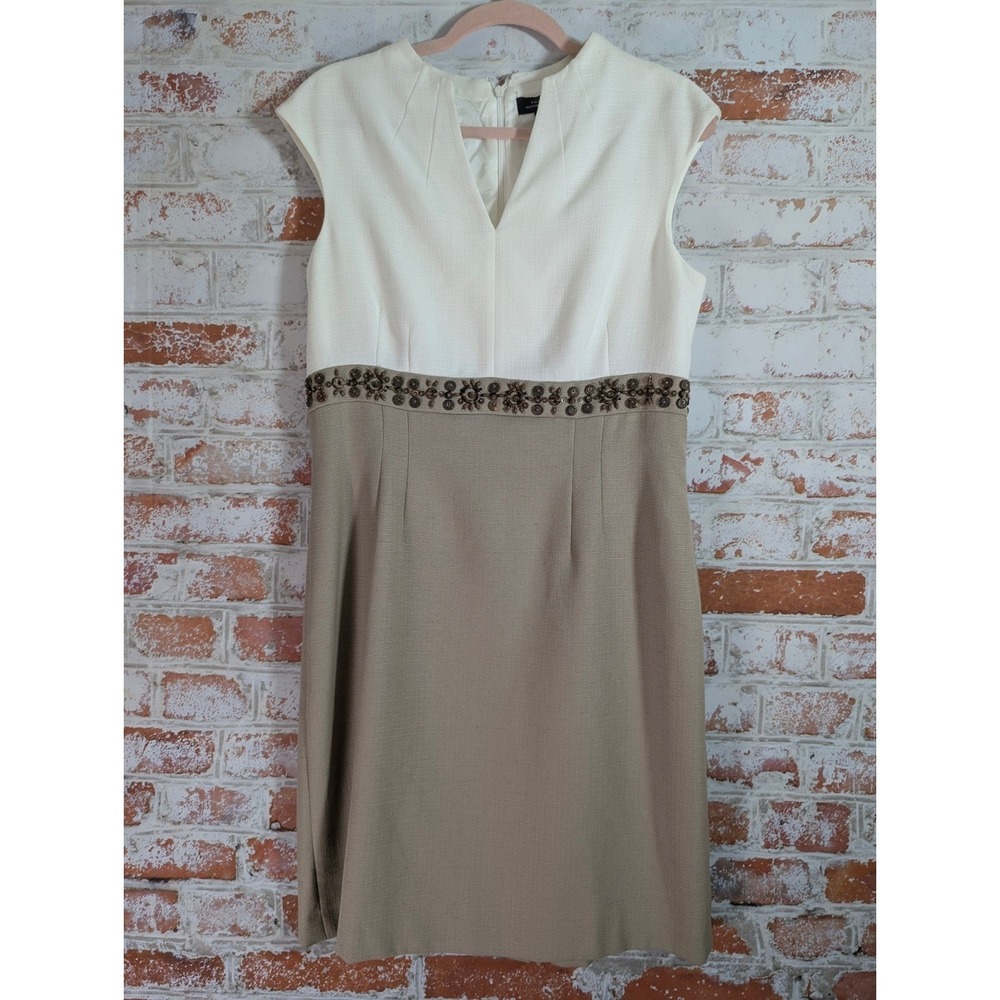 Tahari Sheath Dress Womens 10 Tan Cream Beaded Waist Linen Blend Career Wedding